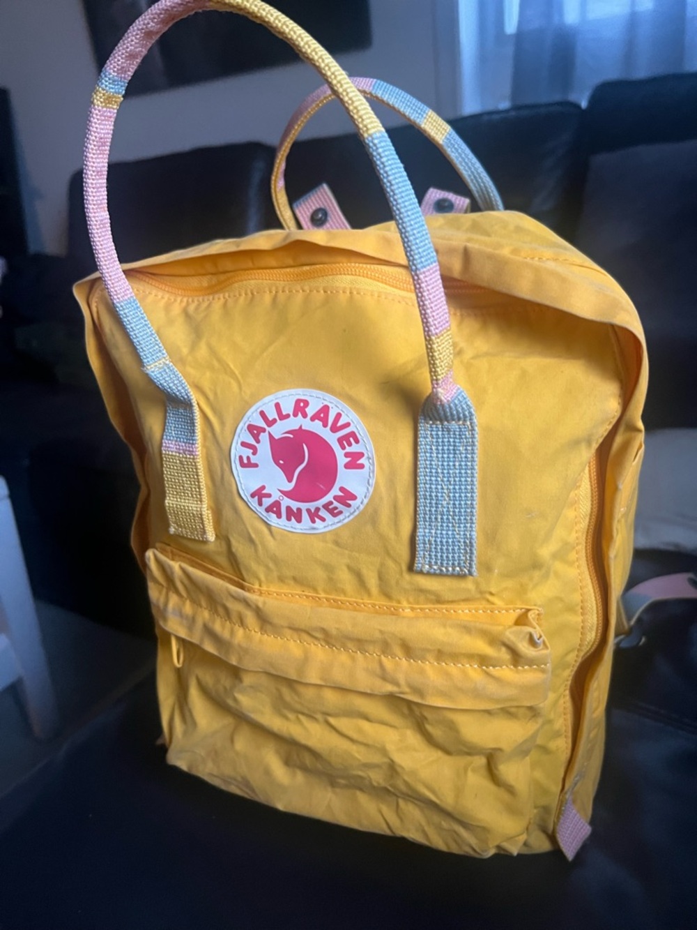 Fjallraven Kanken Backpack in Bright Yellow with Pastel Handles